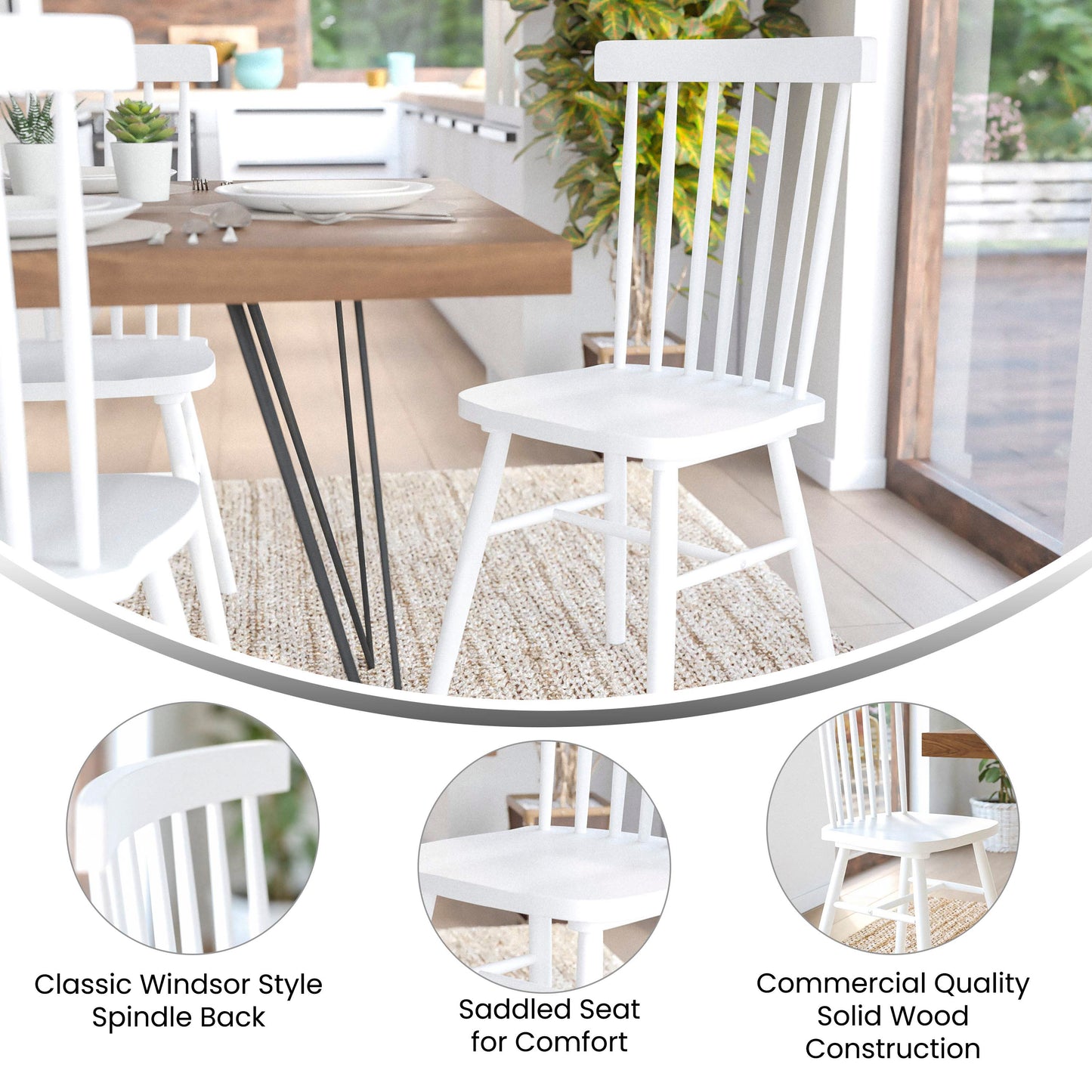 Ingrid Set of 2 Commercial Grade Windsor Dining Chairs, Solid Wood Armless Spindle Back Restaurant Dining Chairs in White