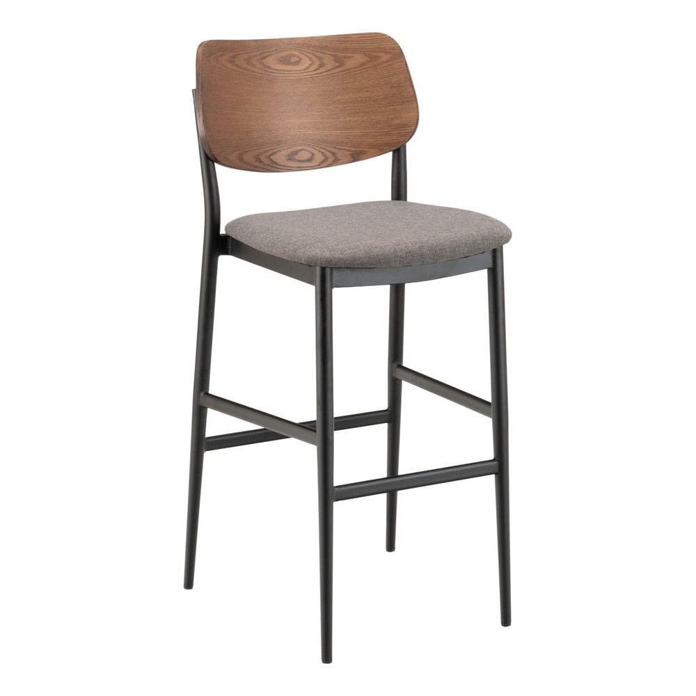Metal Bar Stool with Upholstered Seat and Oval Wood Back