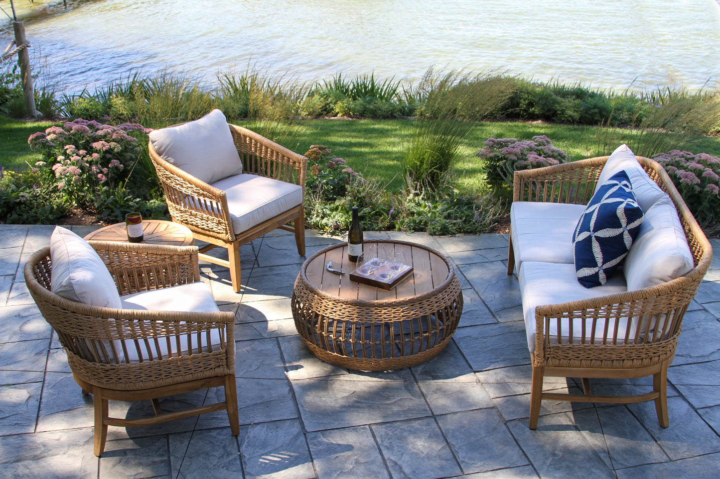 Bohemian Outdoor Teak and Wicker Loveseat w Sunbrella