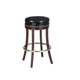 backless upholstered stool with wood base and brass foot rest