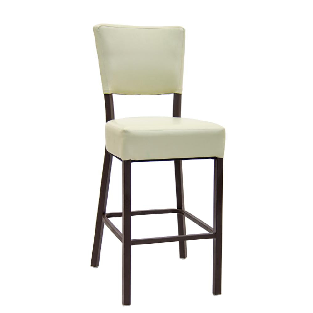 brown metal barstool with vinyl seat and back in cream color