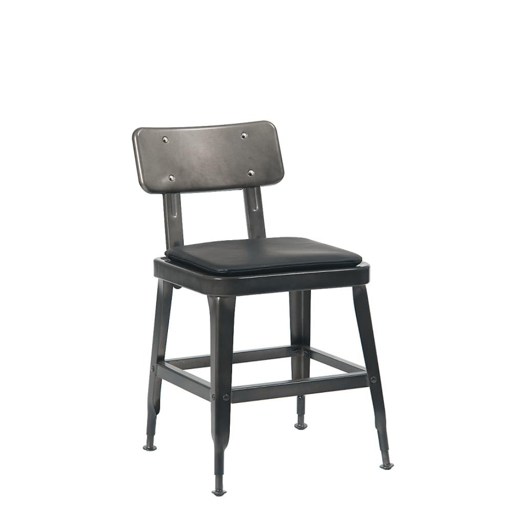 indoor metal chair in gunmetal color with black vinyl seat