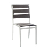 white powder coated aluminum side chair with imitation teak slats in grey finish