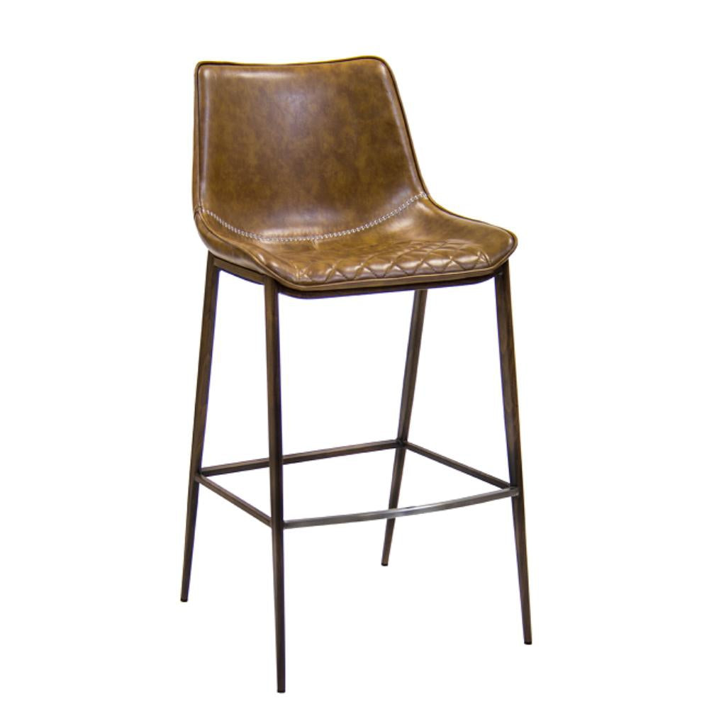 indoor wood grain metal barstool with brown vinyl seat and back