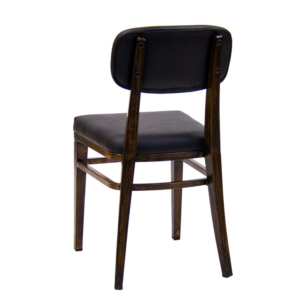 Indoor Wood Grain Metal Chair With Black Vinyl Seat And Open Back