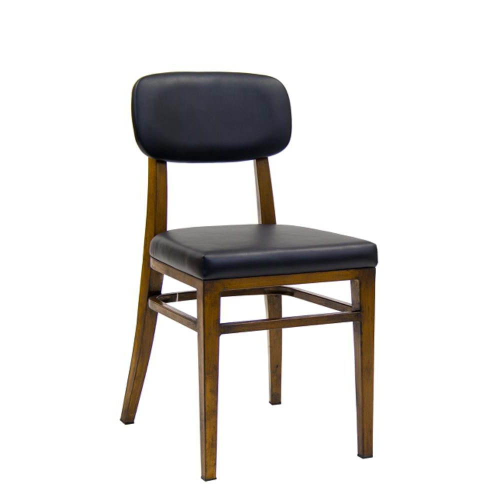 indoor wood grain metal chair with black vinyl seat and back