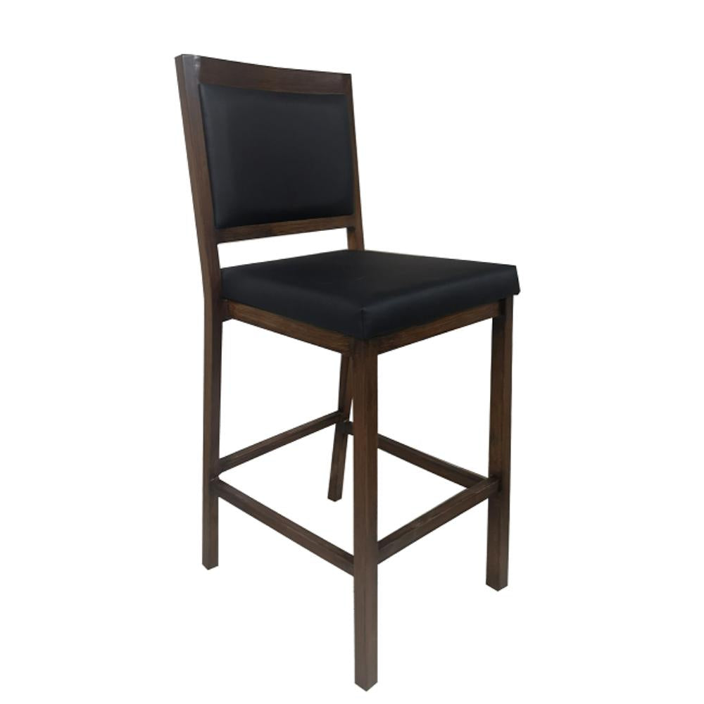 wood grain metal barstool in walnut finish black vinyl seat and back