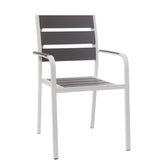 white powder coated aluminum armchair with imitation teak slats in grey fiish