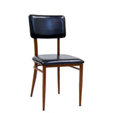 indoor metal chair in mahogany finish with black vinyl seat back