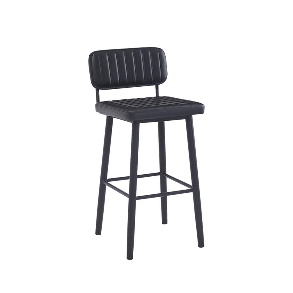 Black Metal Bar Stool with Black Upholstered Fluted Back and Seat