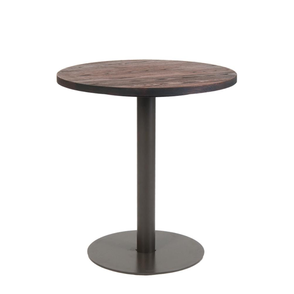round indoor steel table with walnut color elm wood top steel legs in dark gun color coating