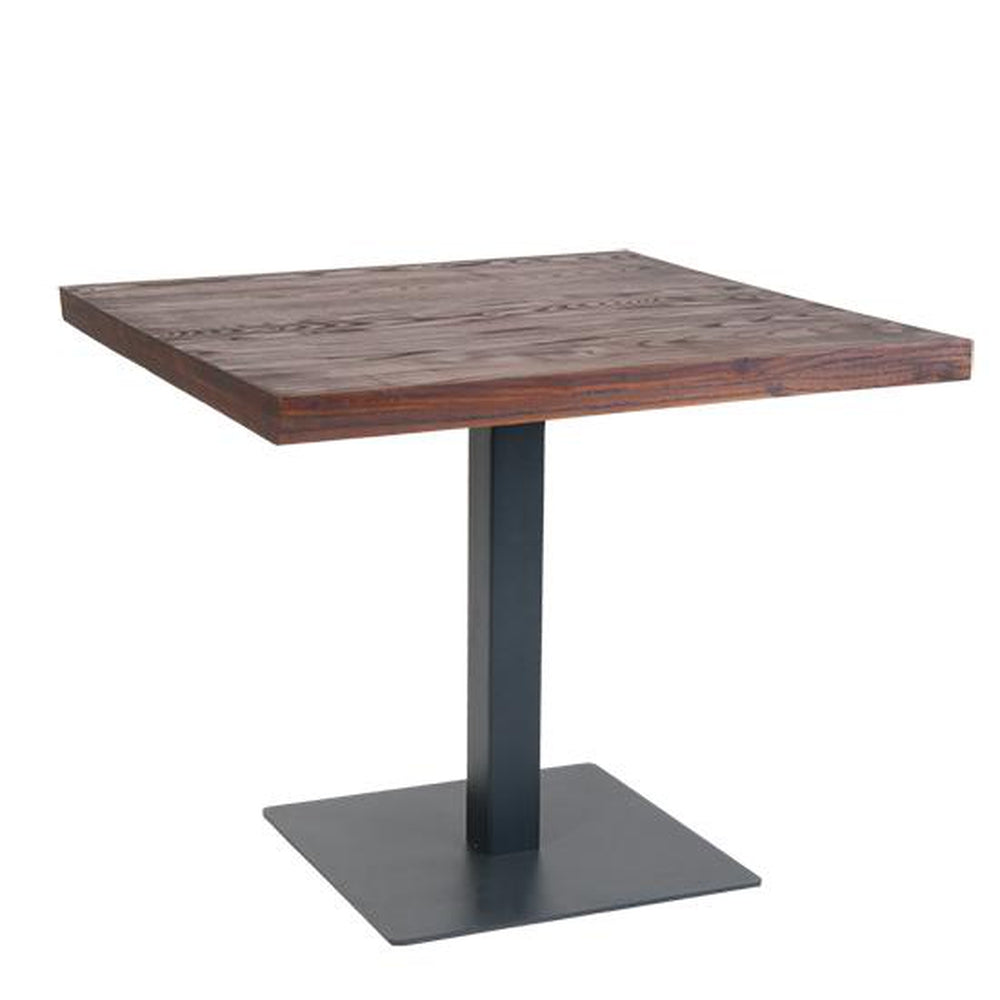 indoor steel table with walnut color elm wood top steel legs in black finish