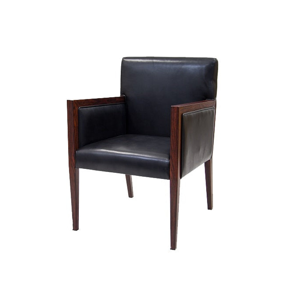 Lounge Chair in Black Vinyl with Wood Grain Metal Frame