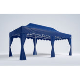 26x13ft canopy tent with scalloped valances and corner curtains