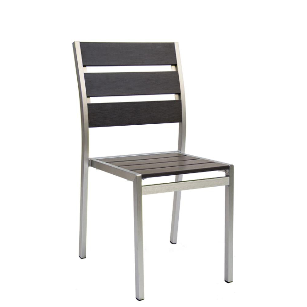 aluminum chair with imitation teak slat seat and back in grey finish