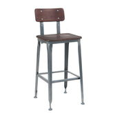 indoor steel barstool with elm wood back and seat walnut and gunmetal