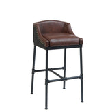 black powder coated metal bar stool with brown color vinyl seat back industrial pipe fitting design pipe footrest