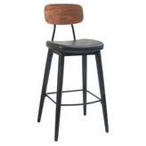 black metal bar stool with veneer back and black vinyl seat