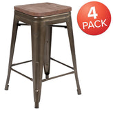 24 inch high metal counter height indoor bar stool with wood seat stackable set of 4