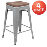 24 inch high metal counter height indoor bar stool with wood seat stackable set of 4