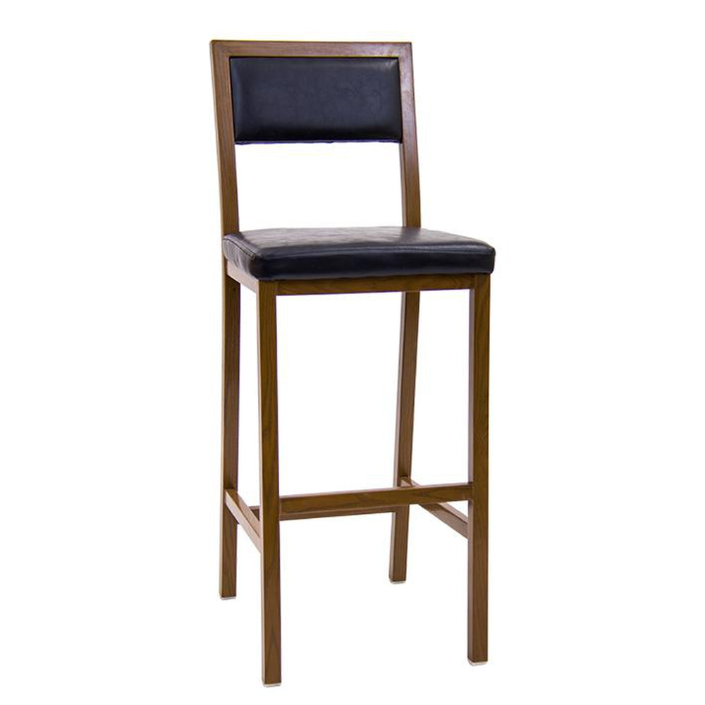indoor metal bar stool in walnut finish with black vinyl seat and back