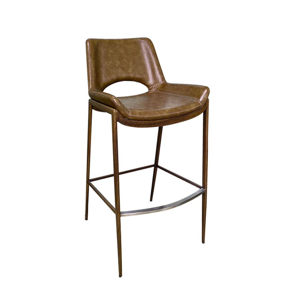 Wood Grain Steel Upholstered Bar Stool with Cross Stitched Brown Vinyl