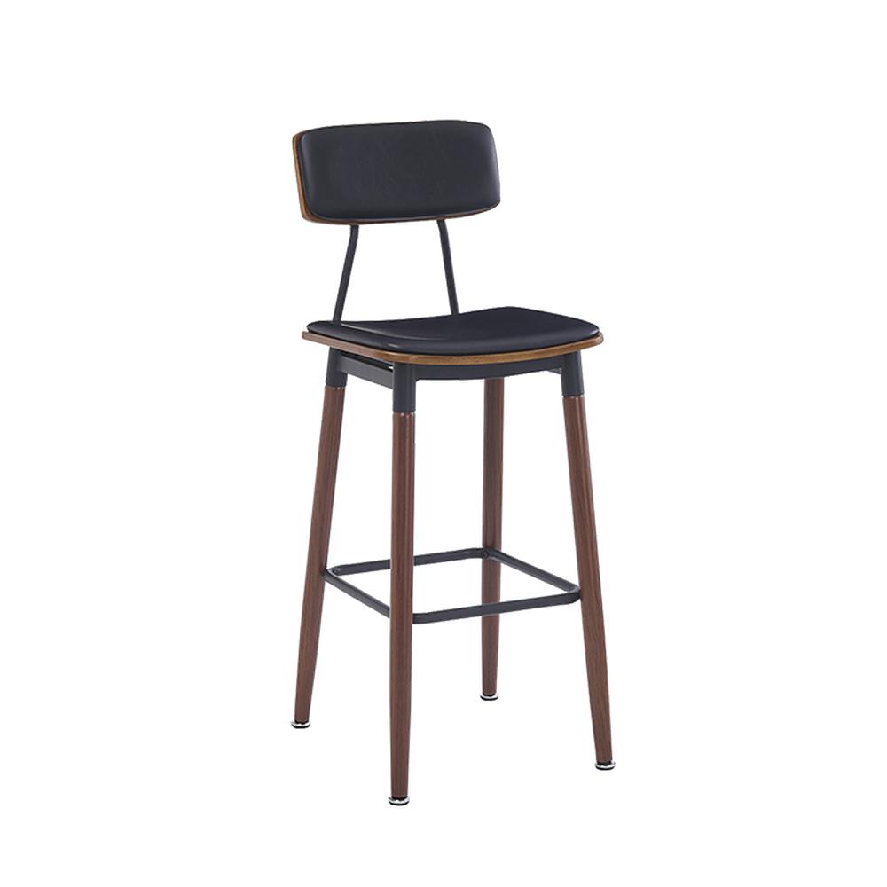 Wood Grain Steel Bar Stool with Black Upholstered Oval Back and Seat ...