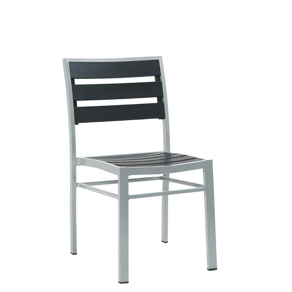armless aluminum chair with imitation teak slats in black color