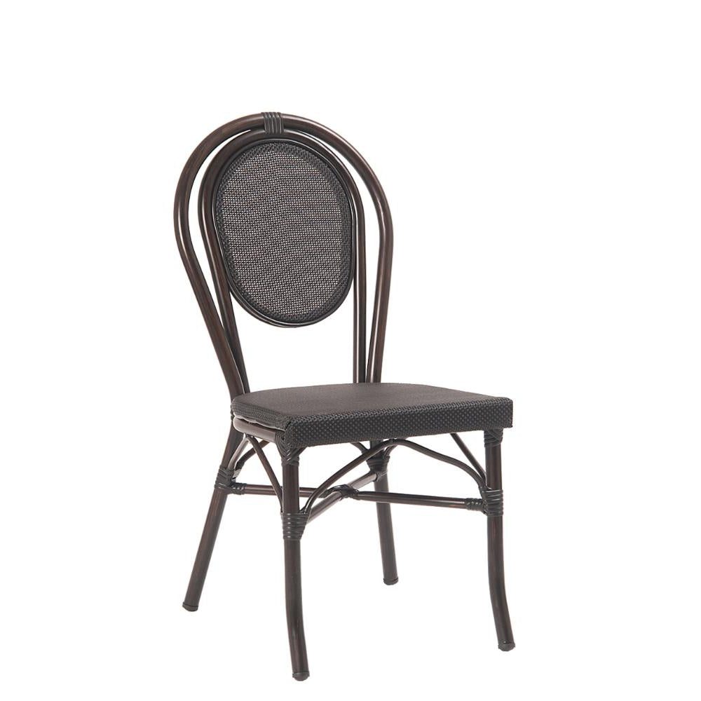 aluminum synthetic wicker chair in bamboo looking finish stackable