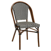 marina outdoor aluminum chair with walnut frame and black white synthetic rattan 99