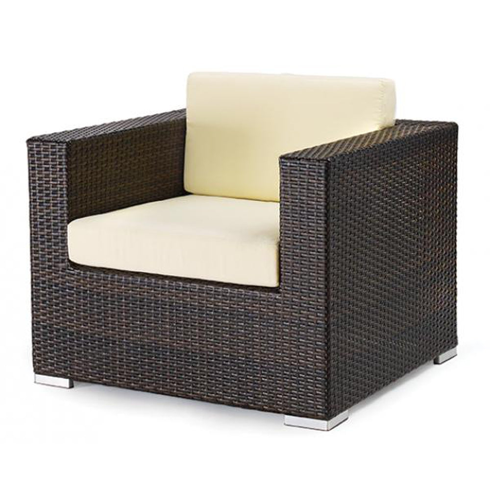 monterey all weather espresso wicker armchair with rust free aluminum frame and white cushions 99