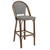 marina outdoor aluminum bar stool with walnut frame and black white synthetic rattan 99
