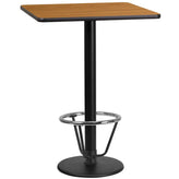 24 inch x 30 inch rectangular laminate table top with 18 inch round bar height table base and ft ring