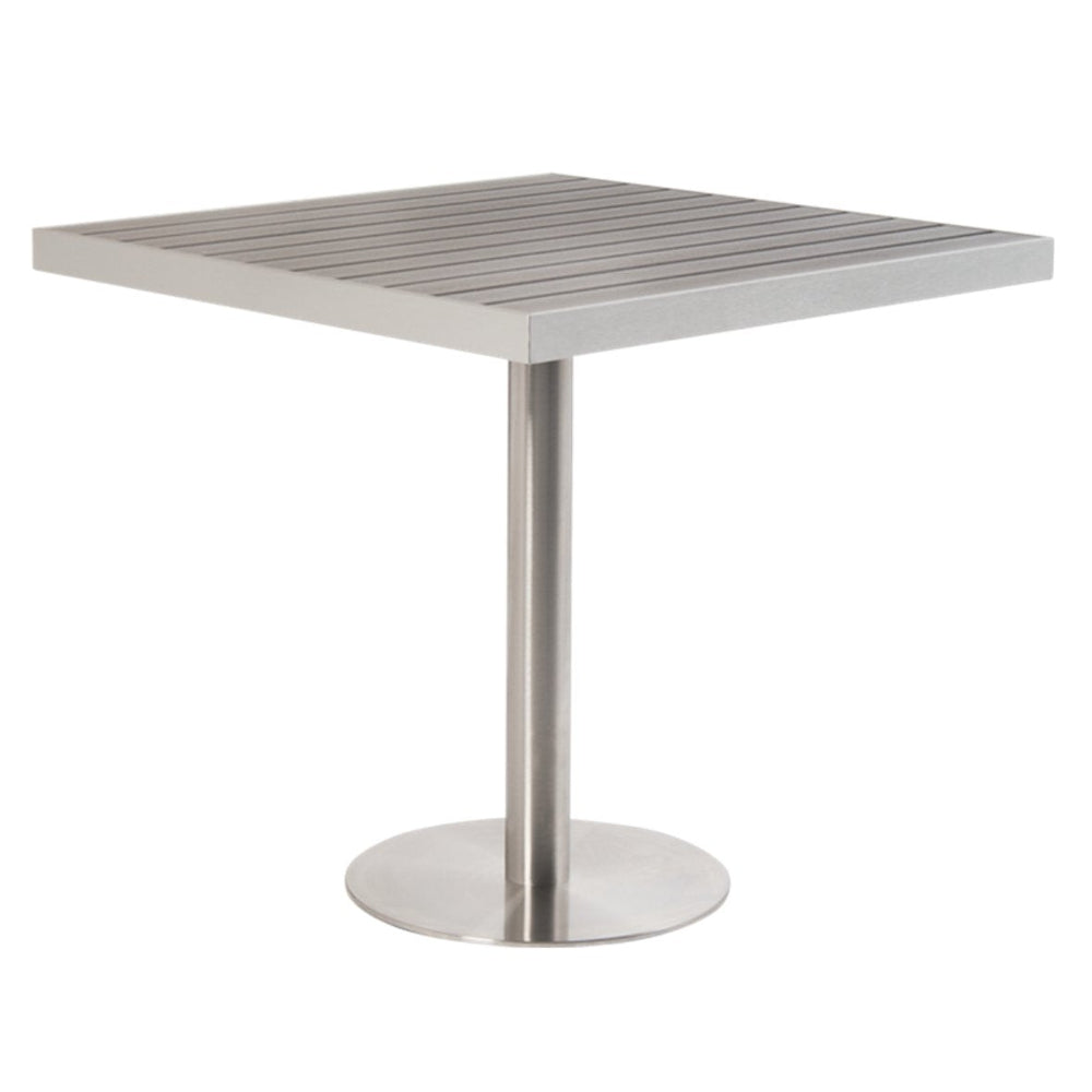 aluminum patio table with ss round leg imitation teak slats top in grey color no umbrella hole