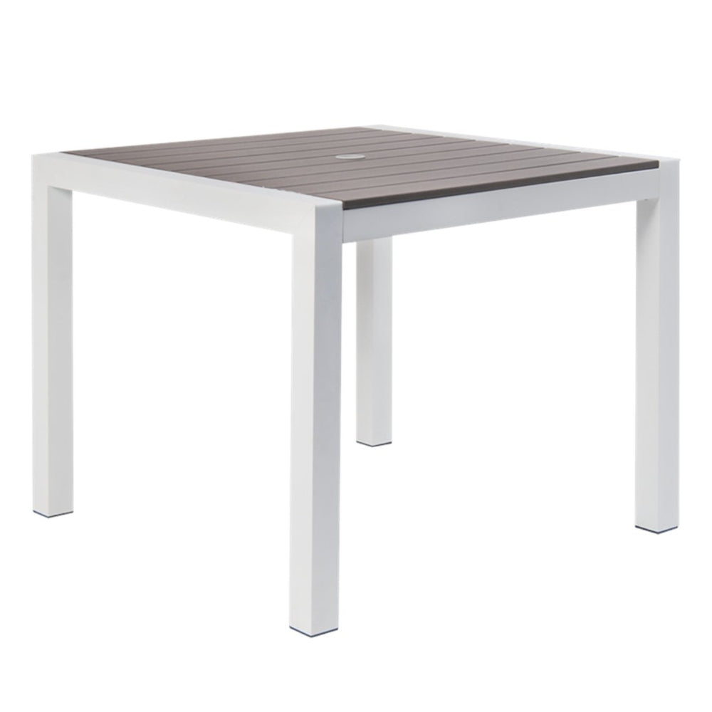 square white powder coated aluminum table with alum legs imitation teak slats top in grey color 1 3 4 umbrella hole