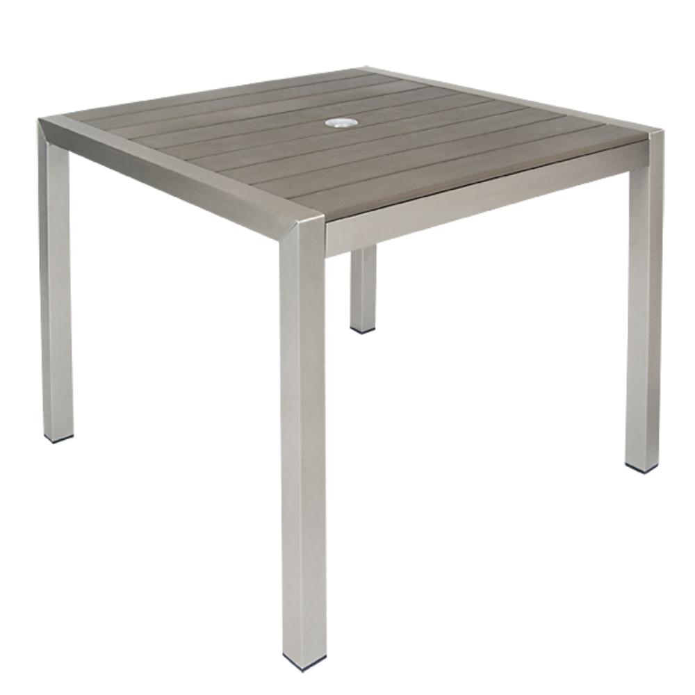 36 x 36 aluminum table with 2 umbrella hole imitation teak slats top in grey finish