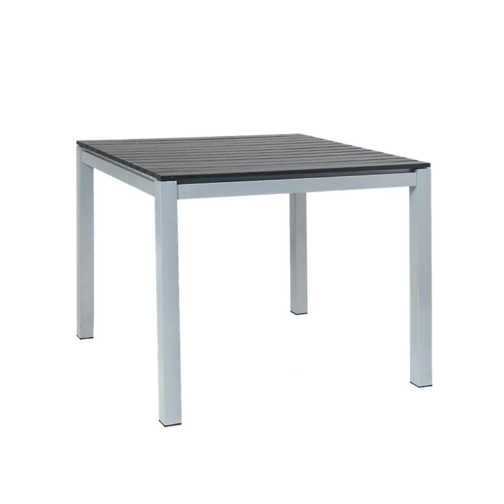 36 x 36 aluminum table with 2 umbrella hole imitation teak slats top in grey finish 1
