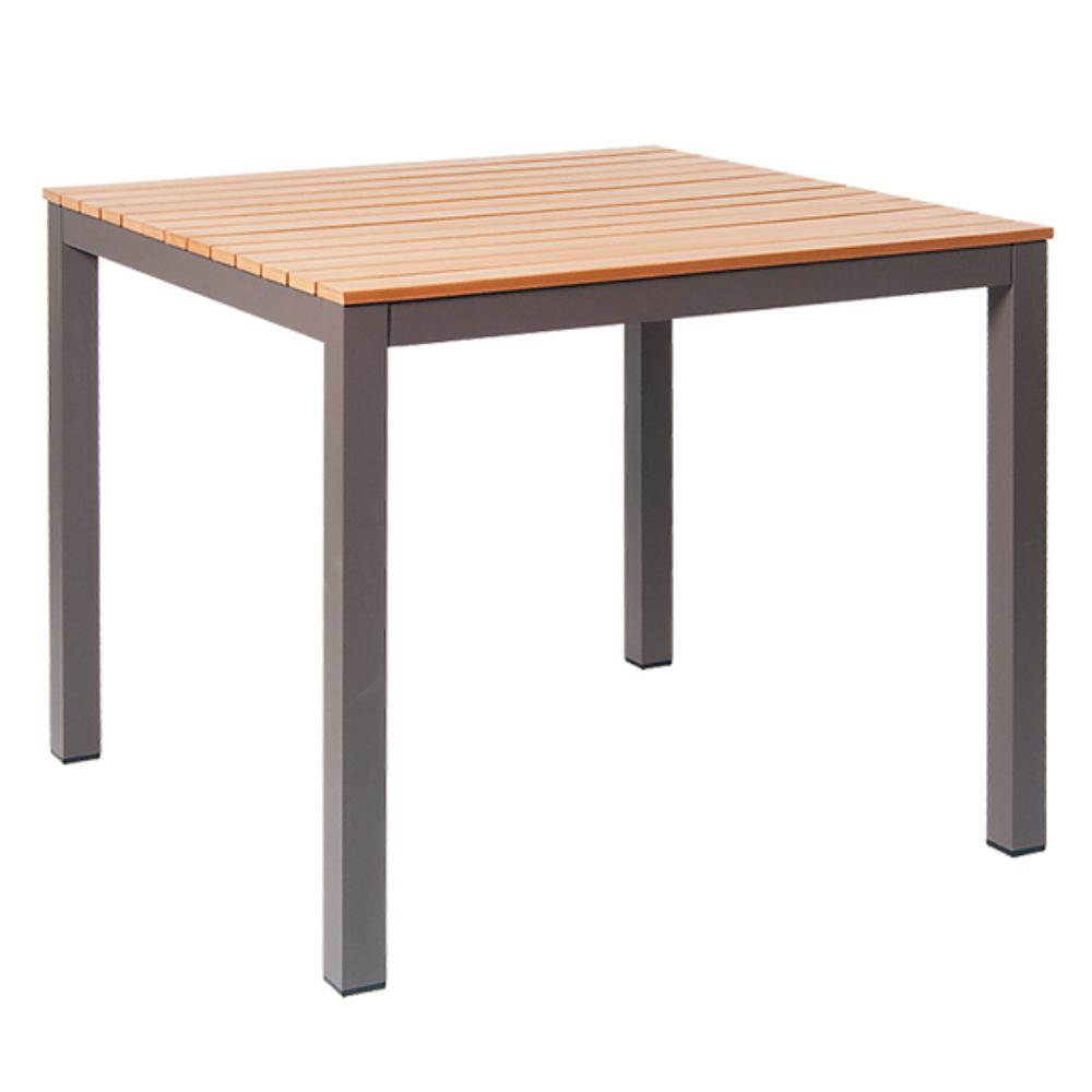36 x 36 aluminum table in rust color imitation teak slats