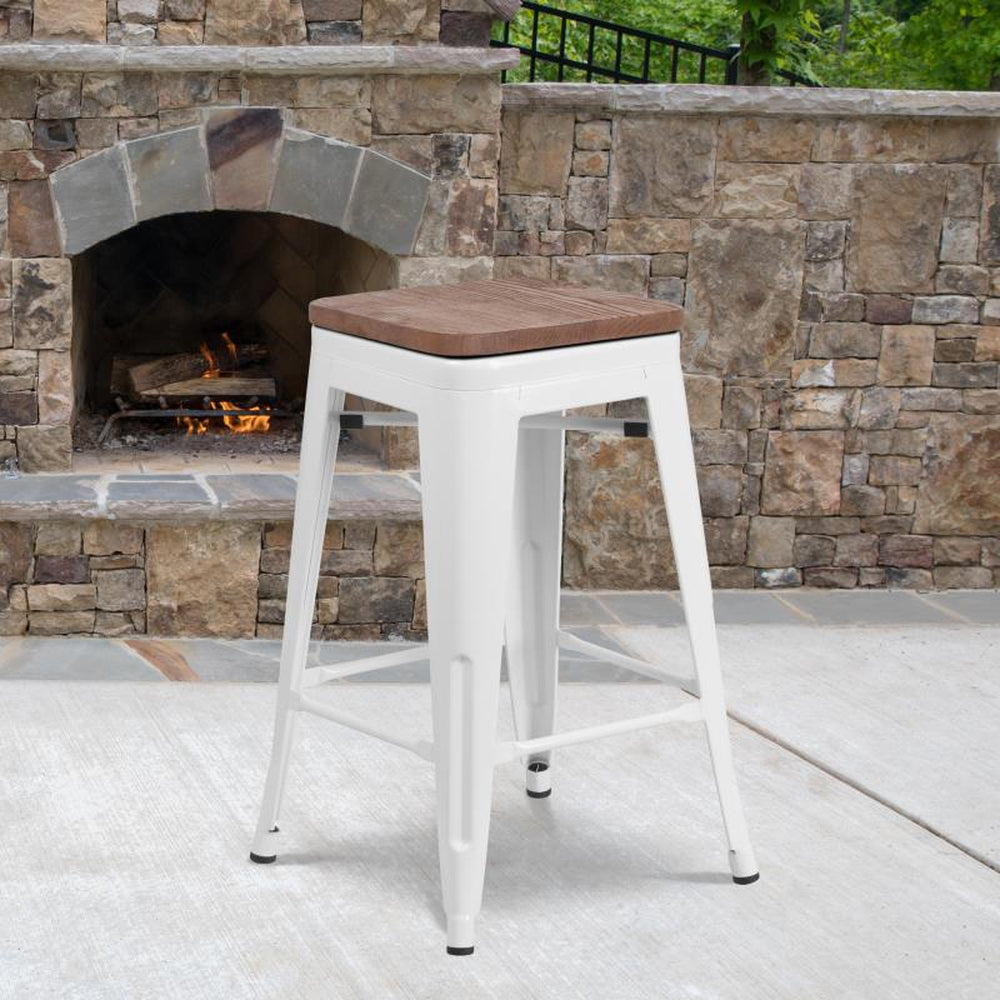 Lily 24'' High Backless Tolix Metal Outdoor Counter Height Stool with Wood Square Seat