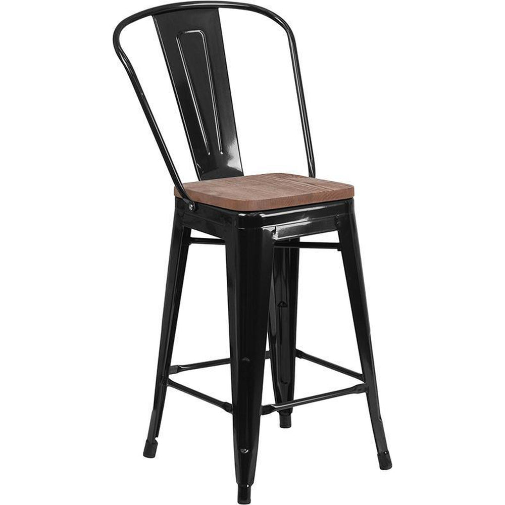 24" High Tolix Counter Height Stool with Back and Wood Seat - Black