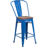 24" High Tolix Counter Height Stool with Back and Wood Seat - Blue