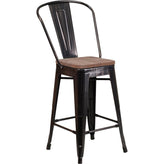 24" High Tolix Counter Height Stool with Back and Wood Seat - Black Antique Gold