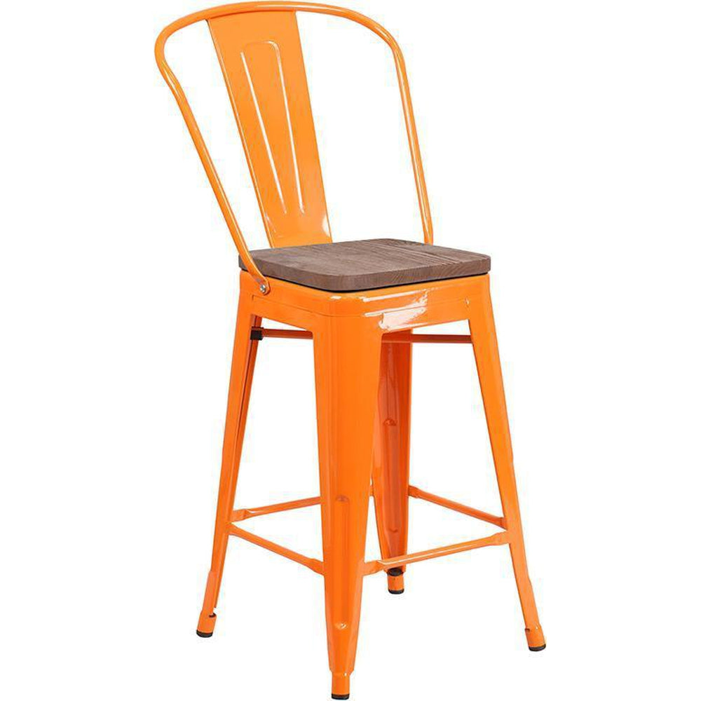 24" High Tolix Counter Height Stool with Back and Wood Seat - Orange