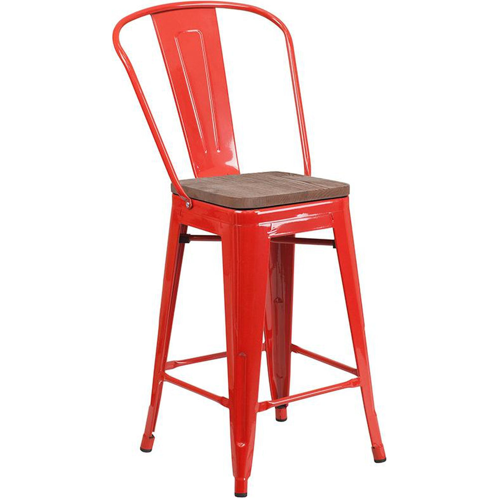 24" High Tolix Counter Height Stool with Back and Wood Seat - Red
