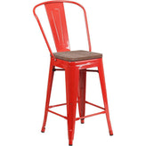24" High Tolix Counter Height Stool with Back and Wood Seat - Red