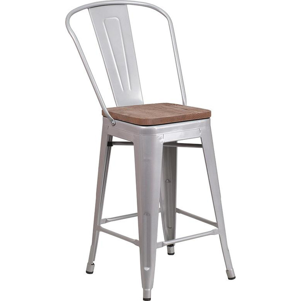 24" High Tolix Counter Height Stool with Back and Wood Seat - Silver