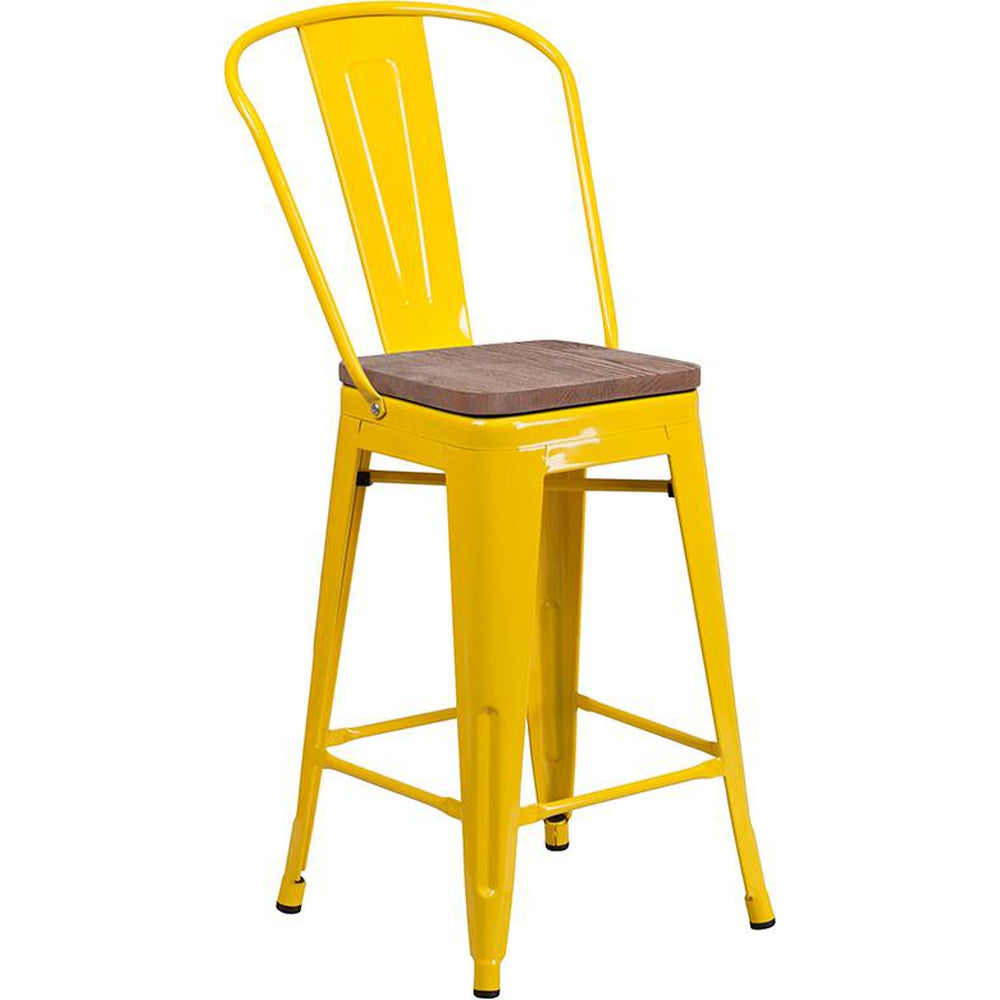 24" High Tolix Counter Height Stool with Back and Wood Seat - Yellow