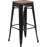 30" High Backless Tolix Barstool with Square Wood Seat - Black