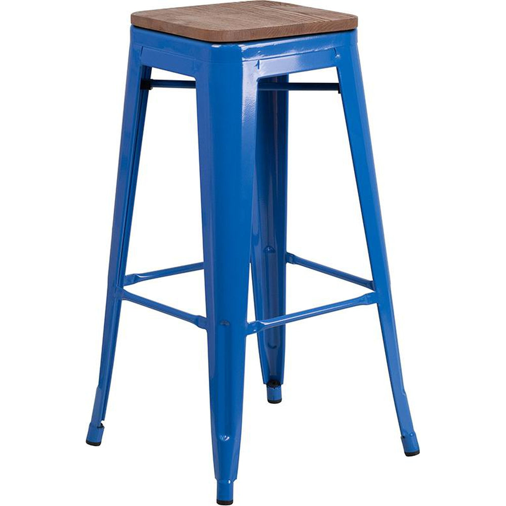 30" High Backless Tolix Barstool with Square Wood Seat - Blue