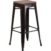 30" High Backless Tolix Barstool with Square Wood Seat - Black Antique Gold